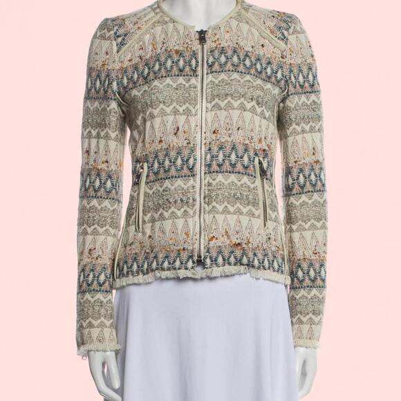 IRO ‘Blaze’ Tribal Tweed Fringe Diamond Zig Zag Jacket size 1 - Picture 1 of 8